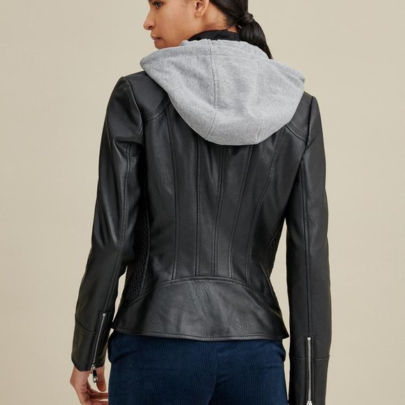 Hooded Scuba Faux-Leather Jacket - Picture 5 of 16